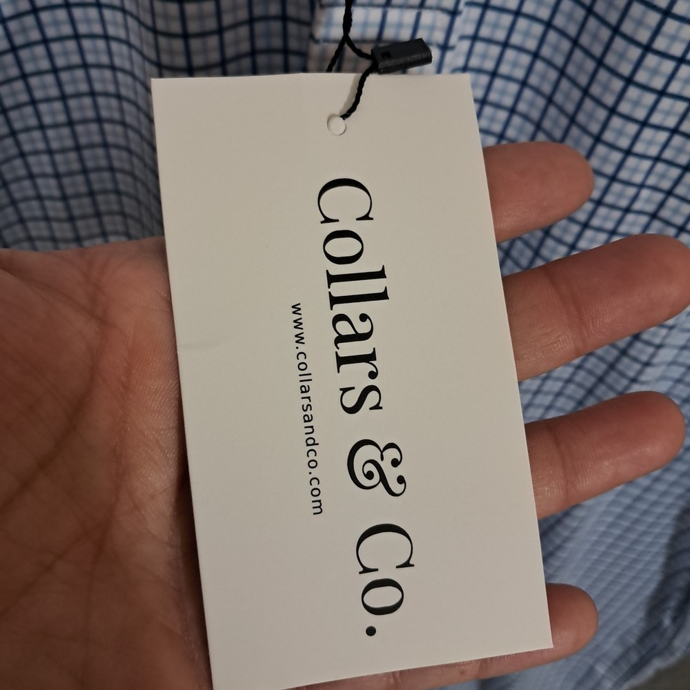 Collars & Co Men Polo Shirt Large Tall Blue Tattersall Semi Spread Collar Office - Picture 11 of 16